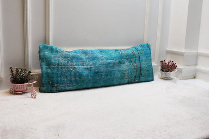 Turquoise Turkish Rug Lumbar Pillow Cover: Vintage Printed Bolster (12x36)