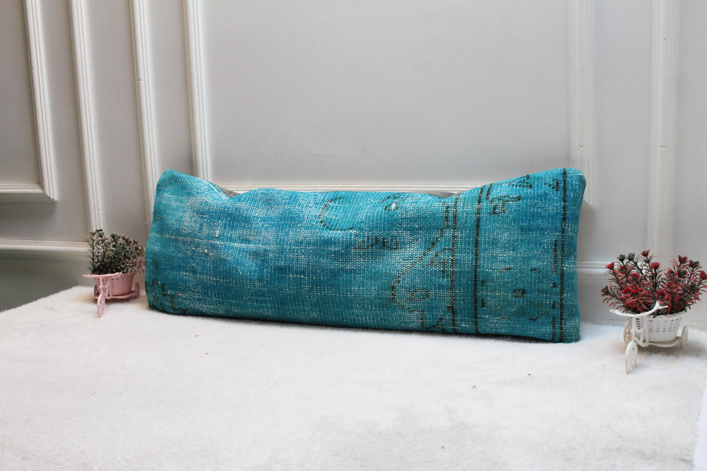 Turquoise Turkish Rug Lumbar Pillow Cover: Vintage Printed Bolster (12x36)