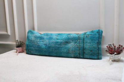 Turquoise Turkish Rug Lumbar Pillow Cover: Vintage Printed Bolster (12x36)