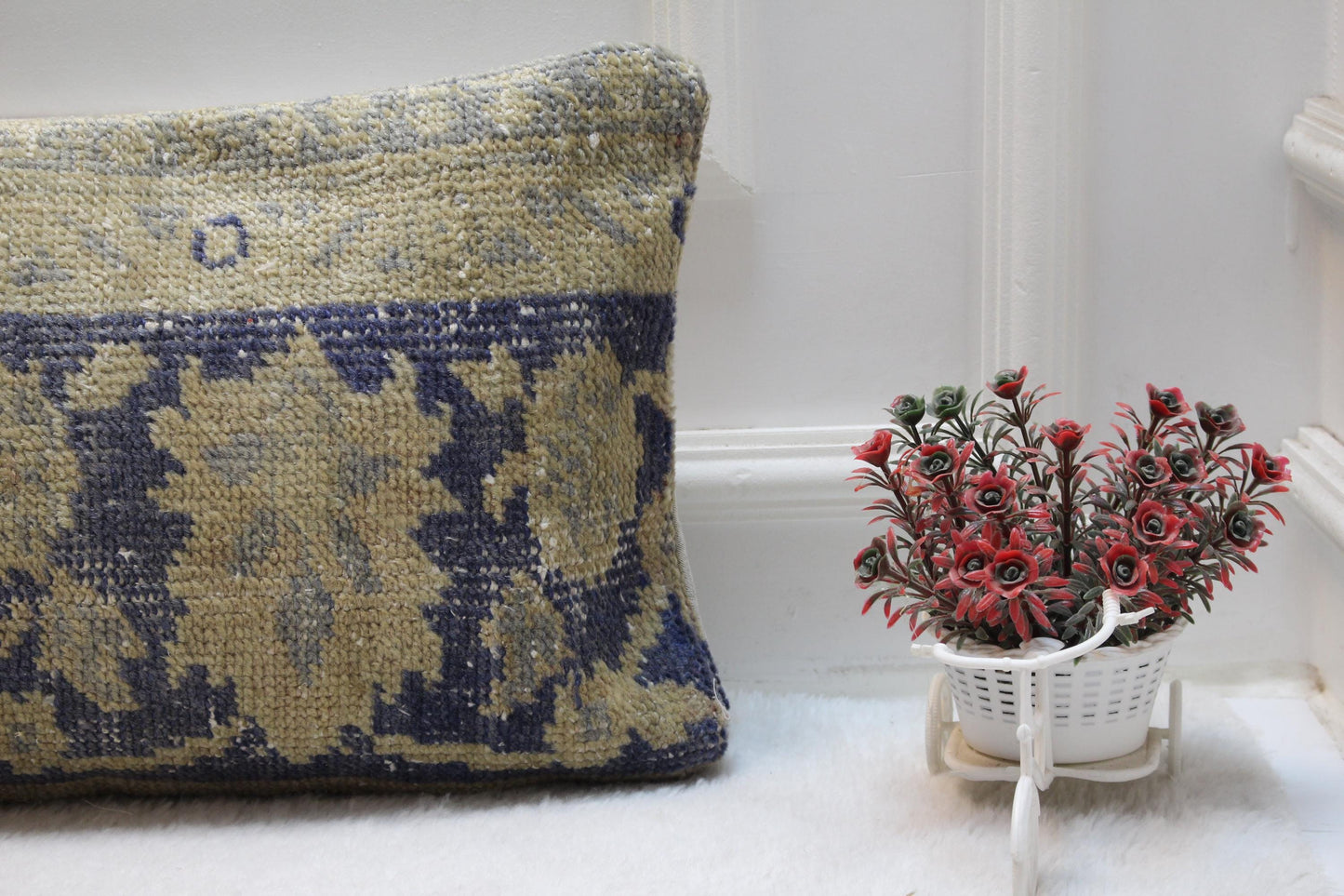 Vintage Turkish Rug Lumbar Pillow Cover: Blue Green Floral Bolster (12x36)