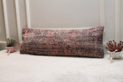 Floral Turkish Rug Lumbar Pillow Cover: Vintage Pink Rose Print, 12x36
