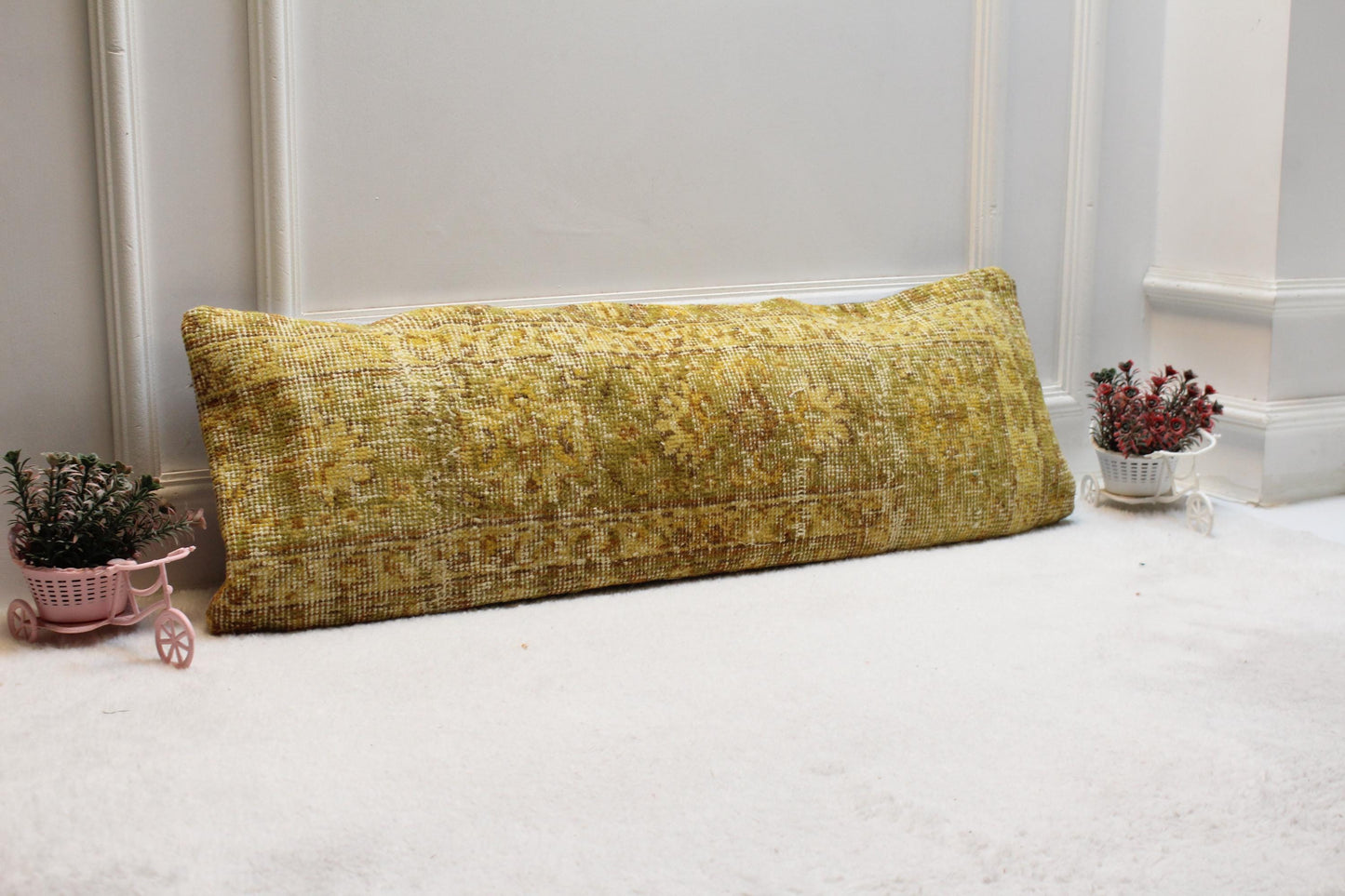 Vintage Turkish Rug Lumbar Pillow Cover: Yellow Green Floral, 12x36 Boho