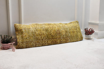 Vintage Turkish Rug Lumbar Pillow Cover: Yellow Green Floral, 12x36 Boho