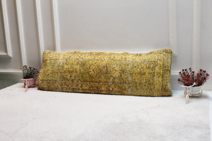 Vintage Turkish Rug Lumbar Pillow Cover: Yellow Green Floral, 12x36 Boho