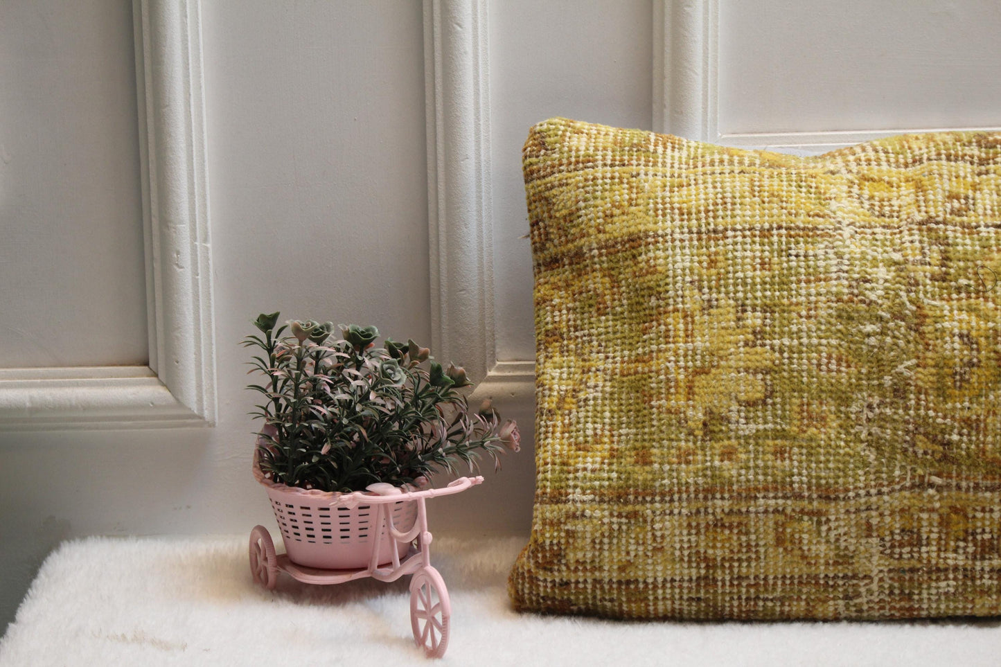 Vintage Turkish Rug Lumbar Pillow Cover: Yellow Green Floral, 12x36 Boho