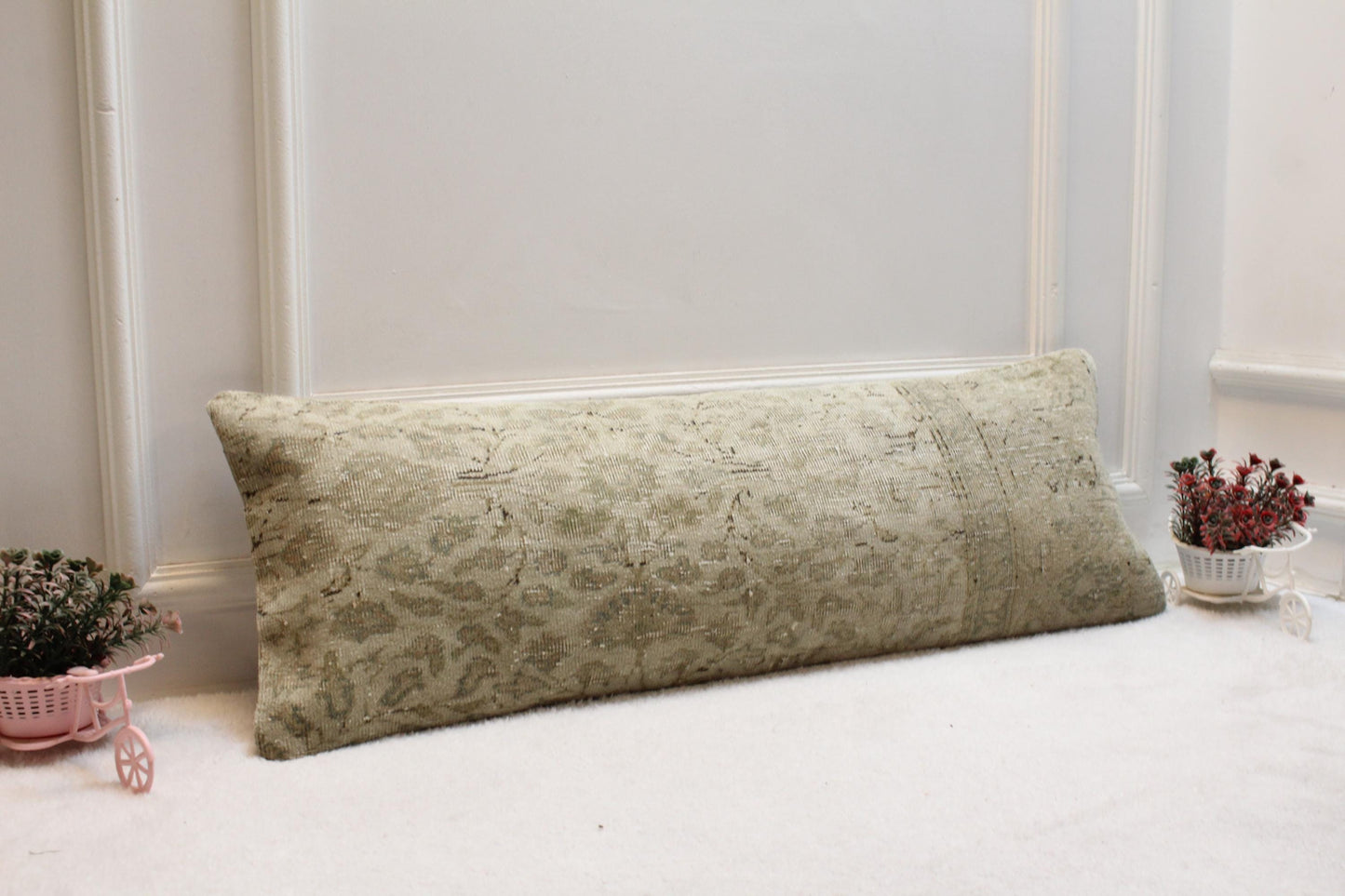 Vintage Turkish Rug Lumbar Pillow Cover: Beige Floral Bolster (12x36)