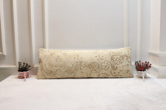 Beige Turkish Rug Lumbar Pillow Cover: Vintage Print, Neutral Decor (12x36)