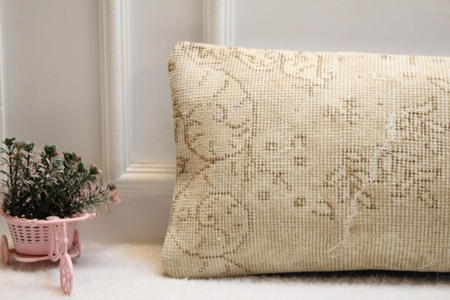 Vintage Turkish Rug Lumbar Pillow Cover: Beige Rustic Bolster, 12x36
