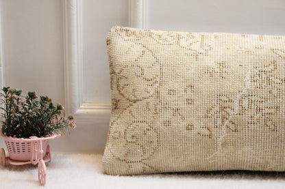 Vintage Turkish Rug Lumbar Pillow Cover: Beige Rustic Bolster, 12x36