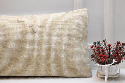 Vintage Turkish Rug Lumbar Pillow Cover: Beige Rustic Bolster, 12x36