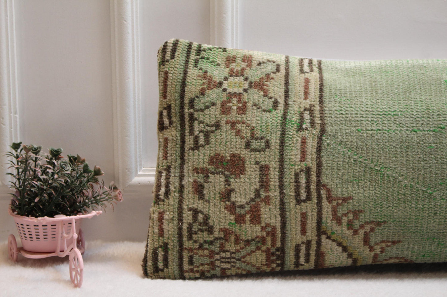 Boho Turkish Kilim Lumbar Pillow: Green Vintage Rug Cushion (12x36)