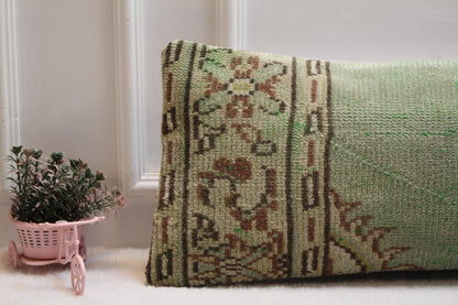 Boho Turkish Kilim Lumbar Pillow: Green Vintage Rug Cushion (12x36)