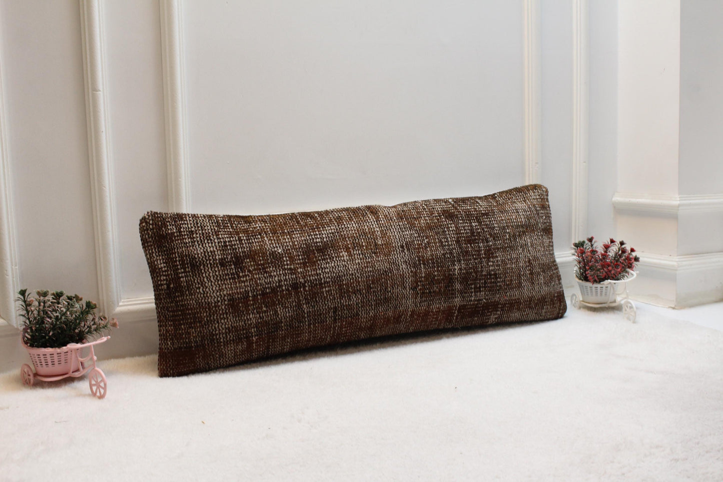 Handwoven Brown Kilim Lumbar Pillow Cover: 12x36 Turkish Rustic Cushion