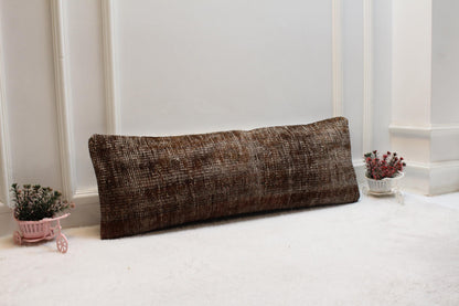 Handwoven Brown Kilim Lumbar Pillow Cover: 12x36 Turkish Rustic Cushion