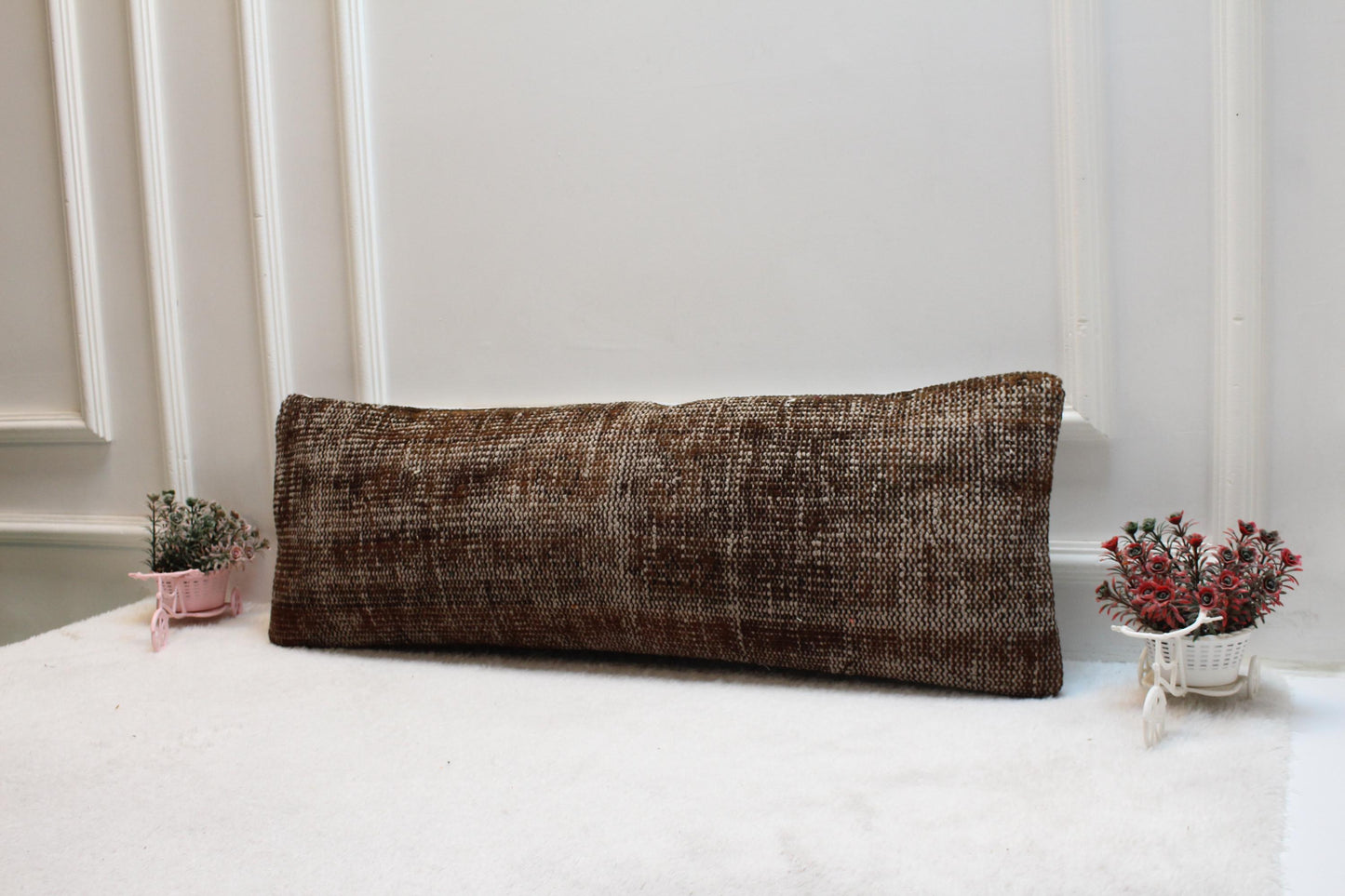 Handwoven Brown Kilim Lumbar Pillow Cover: 12x36 Turkish Rustic Cushion