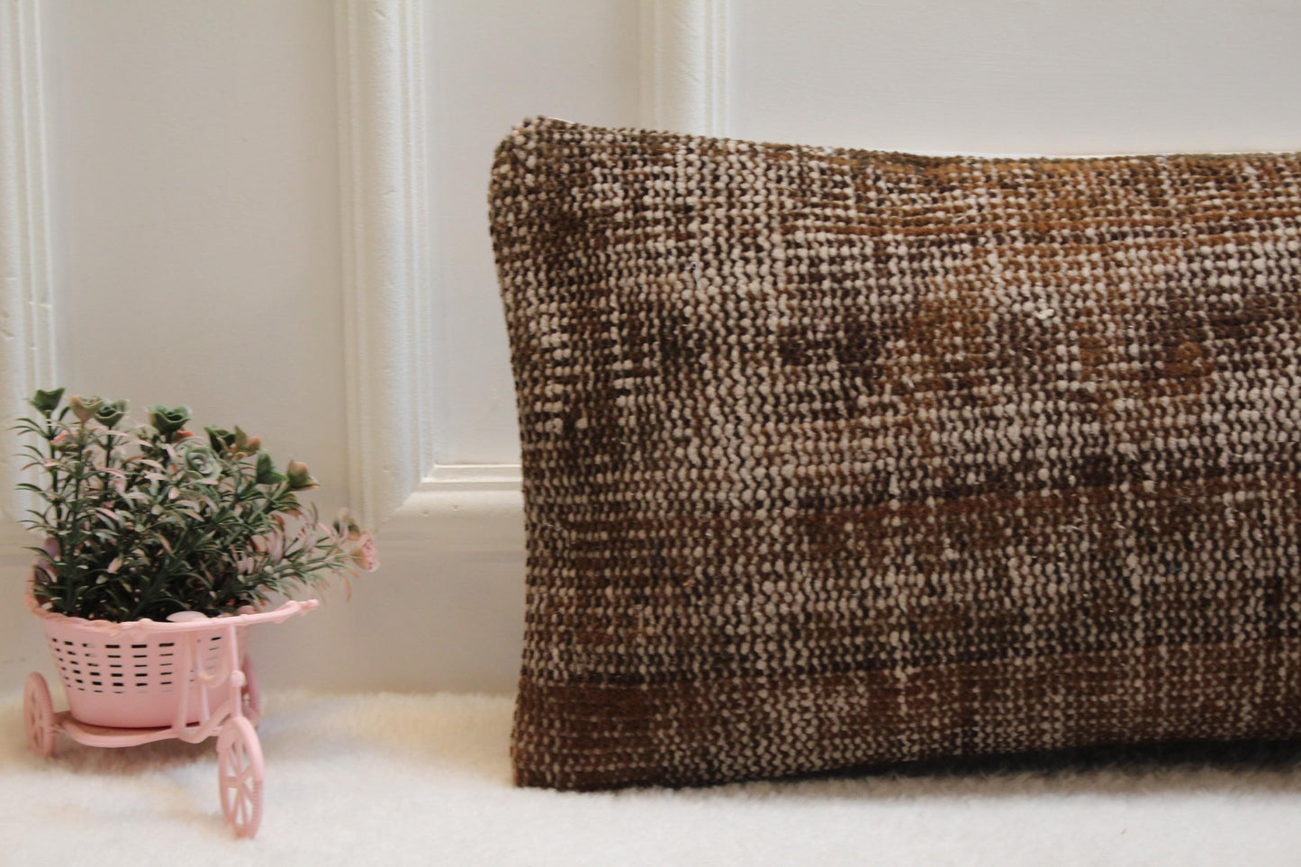 Handwoven Brown Kilim Lumbar Pillow Cover: 12x36 Turkish Rustic Cushion