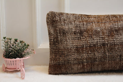 Handwoven Brown Kilim Lumbar Pillow Cover: 12x36 Turkish Rustic Cushion