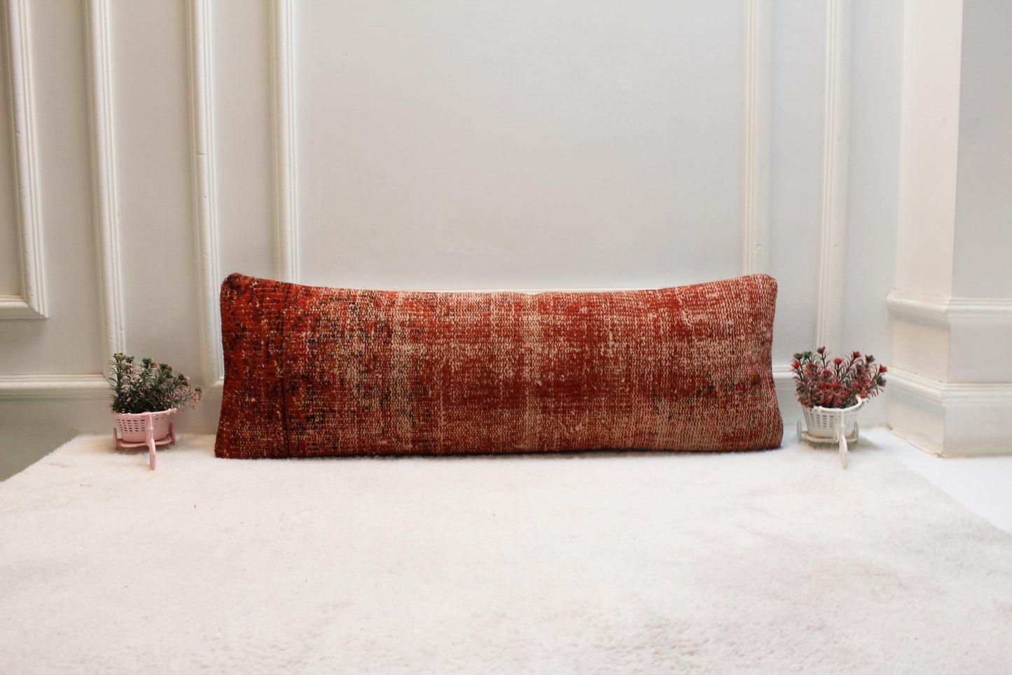 Terracotta Red Lumbar Pillow Cover 12x36: Vintage Turkish Rug, Handmade Wool