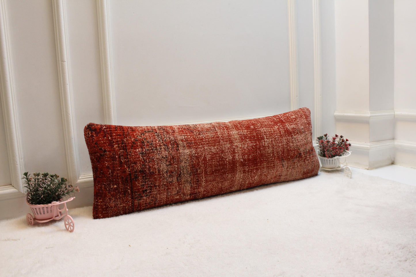 Terracotta Red Lumbar Pillow Cover 12x36: Vintage Turkish Rug, Handmade Wool