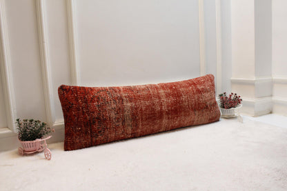 Terracotta Red Lumbar Pillow Cover 12x36: Vintage Turkish Rug, Handmade Wool