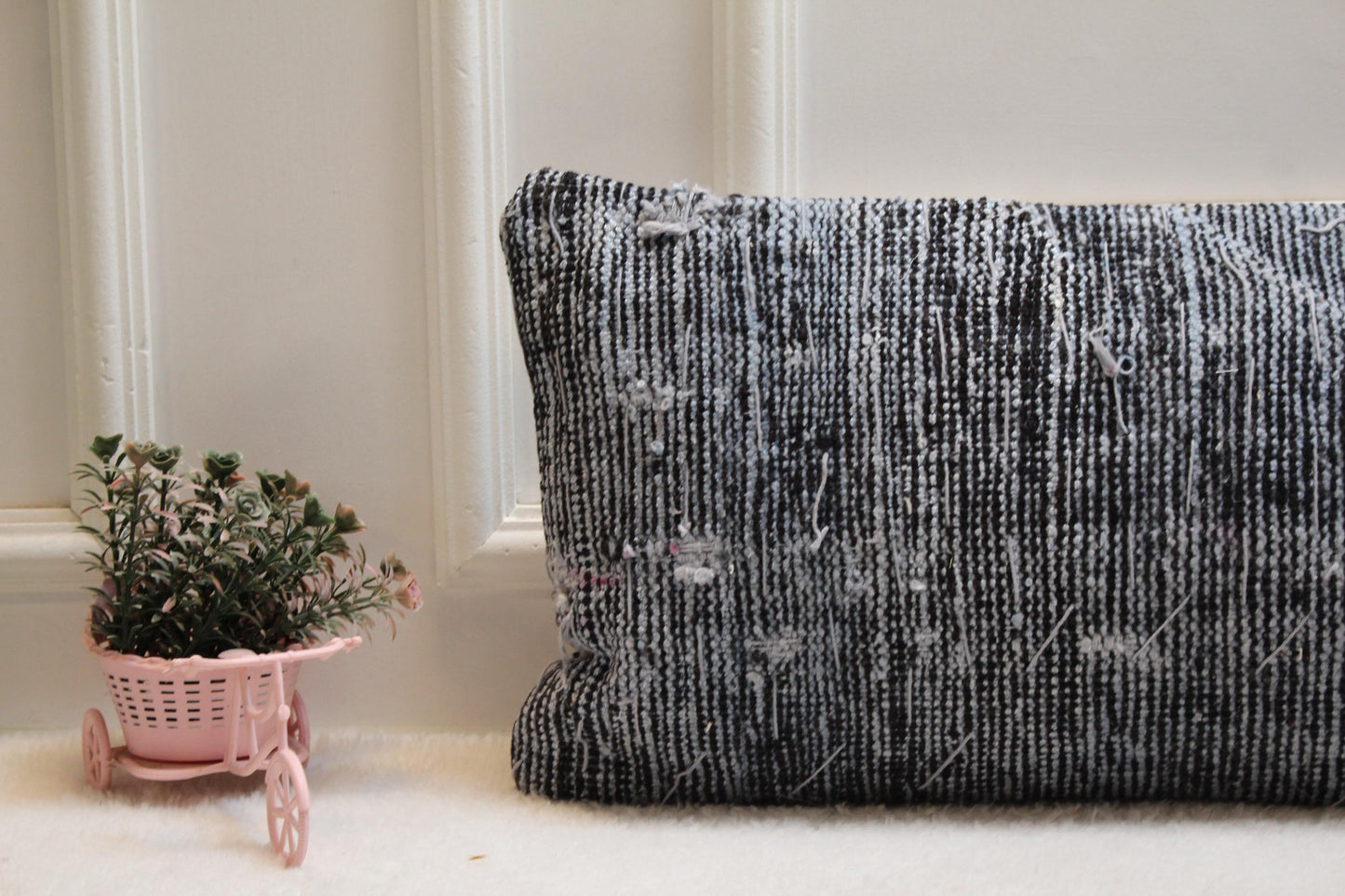 Handwoven Turkish Rug Lumbar Pillow: Black and White Cushion (12x36)
