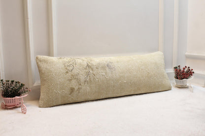Vintage Turkish Rug Lumbar Pillow 12x36: Beige Boho Cushion