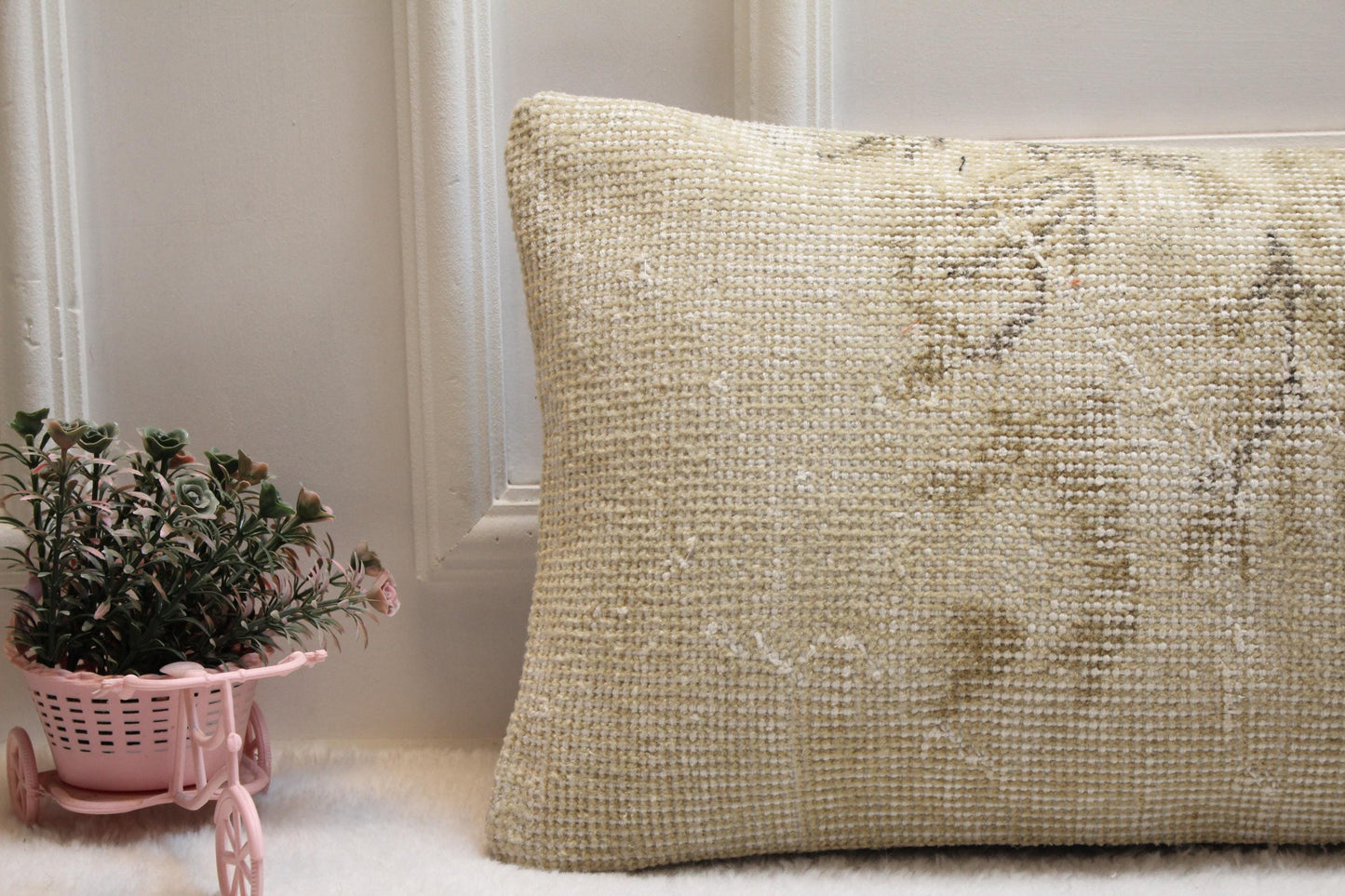 Vintage Turkish Rug Lumbar Pillow 12x36: Beige Boho Cushion