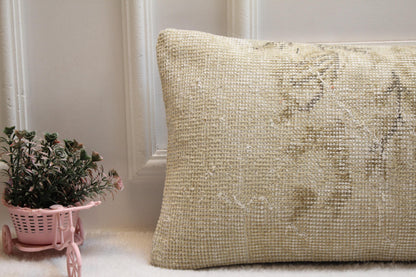 Vintage Turkish Rug Lumbar Pillow 12x36: Beige Boho Cushion