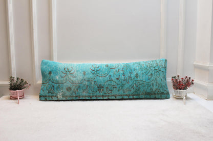 Handcrafted Turquoise Turkish Rug Lumbar Pillow: 12x36 Boho Cushion