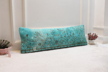Handcrafted Turquoise Turkish Rug Lumbar Pillow: 12x36 Boho Cushion