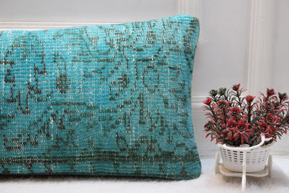 Handcrafted Turquoise Turkish Rug Lumbar Pillow: 12x36 Boho Cushion
