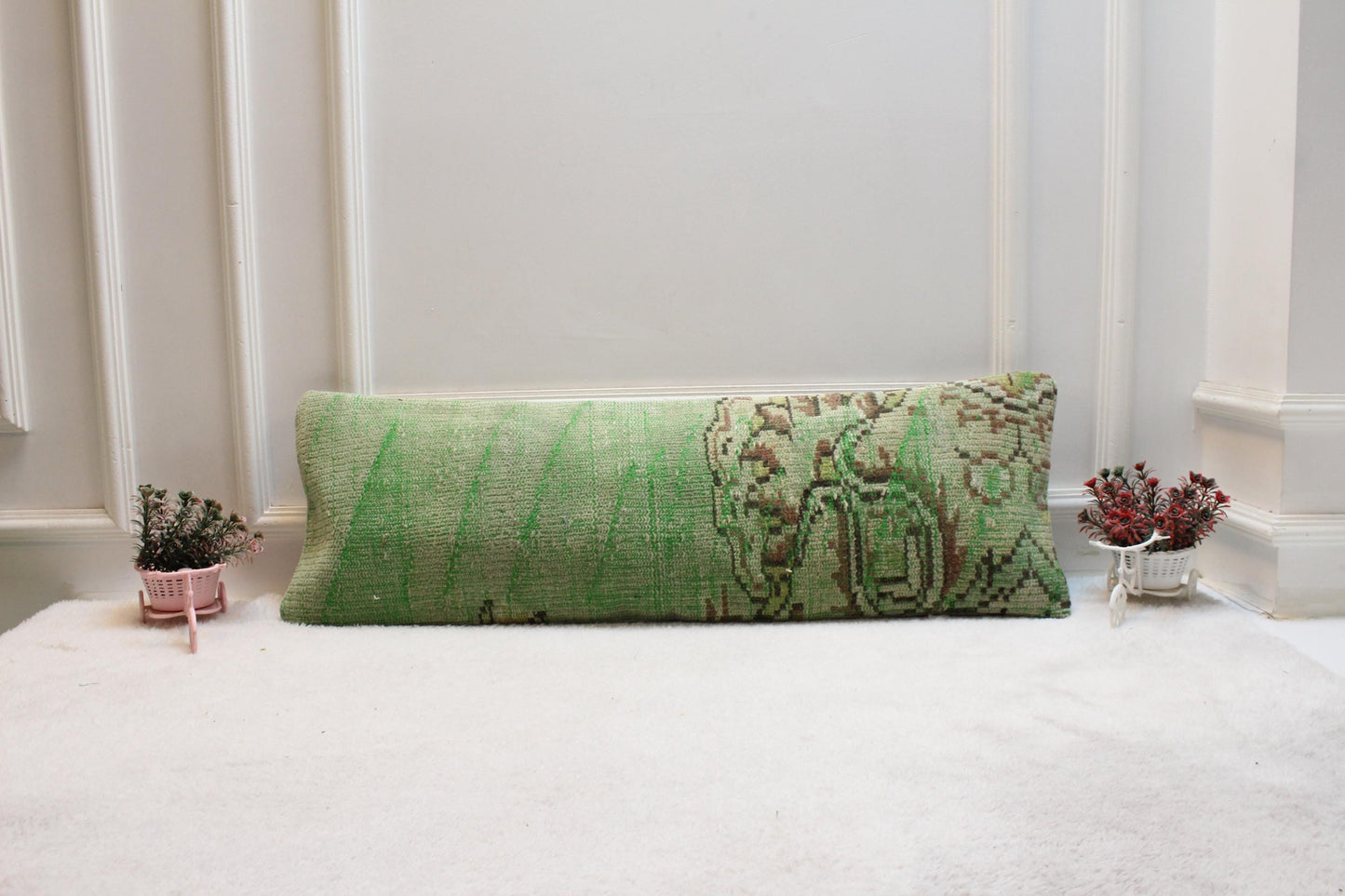 Handmade 12x36 Vintage Turkish Rug Lumbar Pillow Cover: Faded Green Boho Farmhouse Cushion