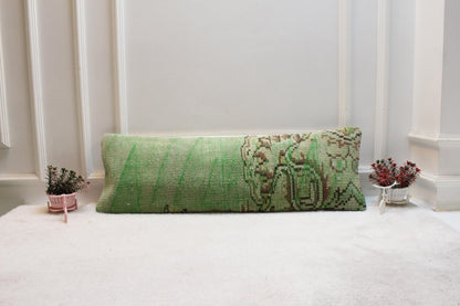 Handmade 12x36 Vintage Turkish Rug Lumbar Pillow Cover: Faded Green Boho Farmhouse Cushion