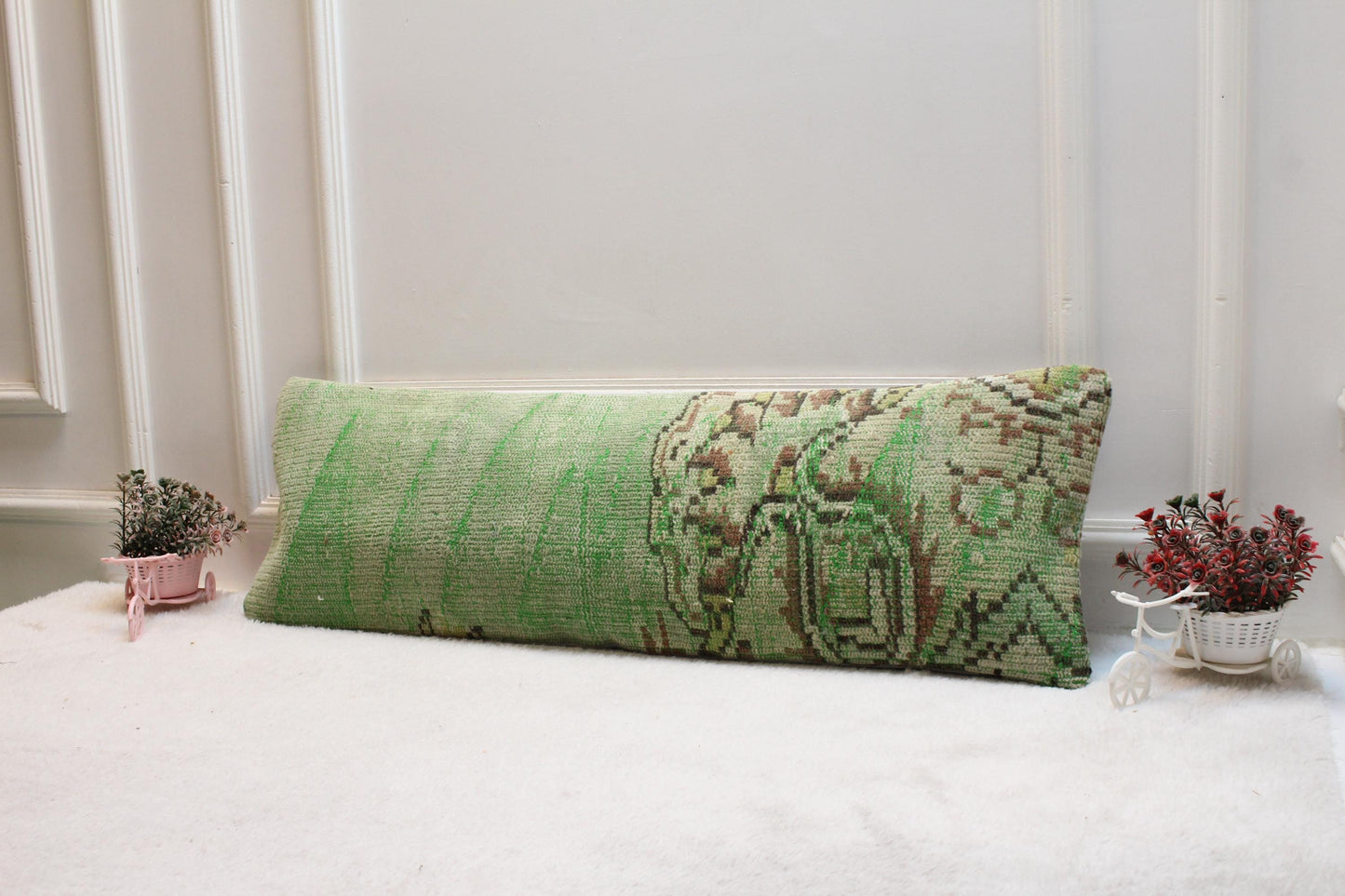 Handmade 12x36 Vintage Turkish Rug Lumbar Pillow Cover: Faded Green Boho Farmhouse Cushion