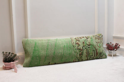 Handmade 12x36 Vintage Turkish Rug Lumbar Pillow Cover: Faded Green Boho Farmhouse Cushion