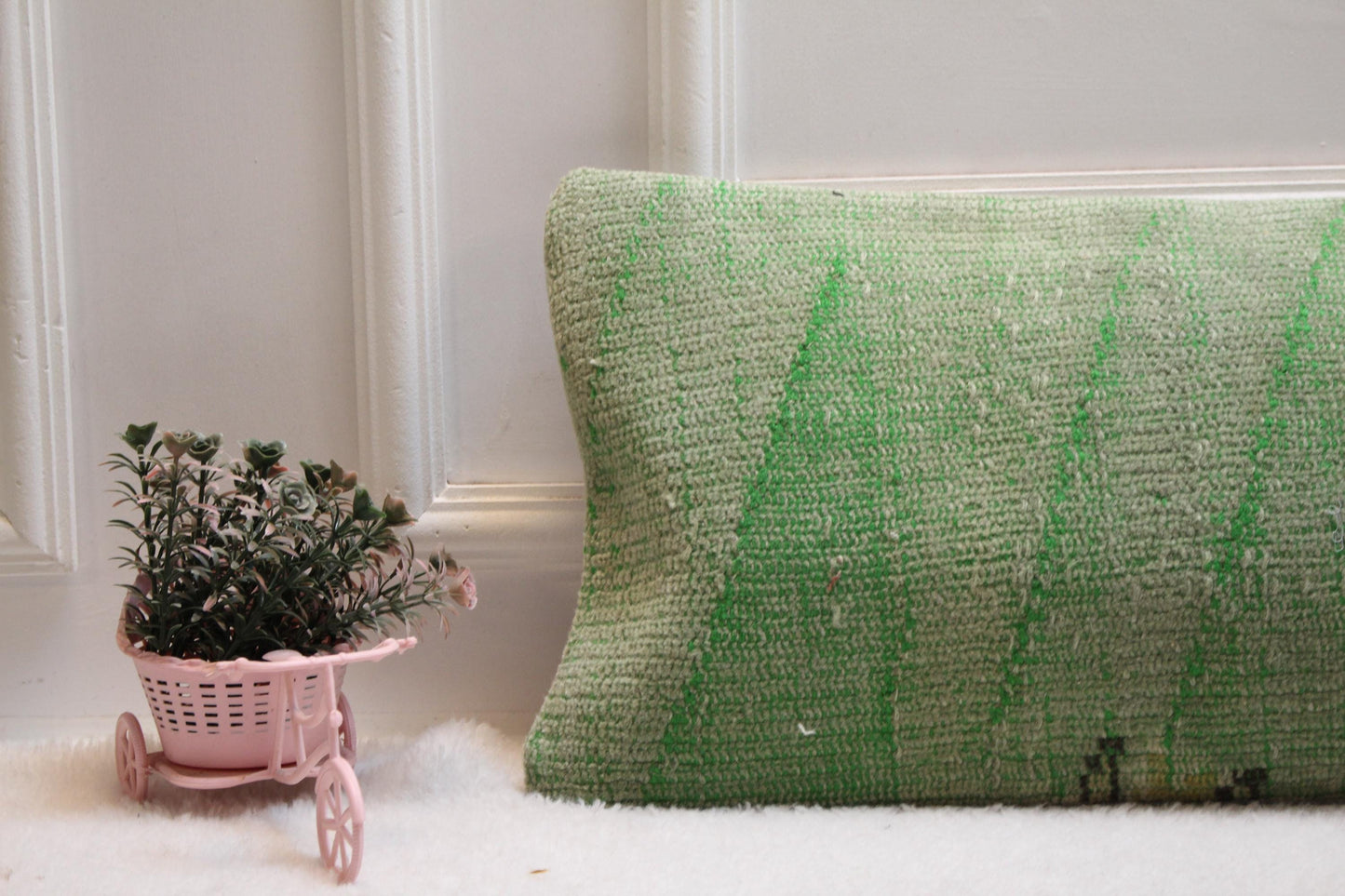 Handmade 12x36 Vintage Turkish Rug Lumbar Pillow Cover: Faded Green Boho Farmhouse Cushion