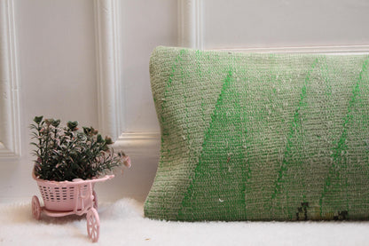 Handmade 12x36 Vintage Turkish Rug Lumbar Pillow Cover: Faded Green Boho Farmhouse Cushion