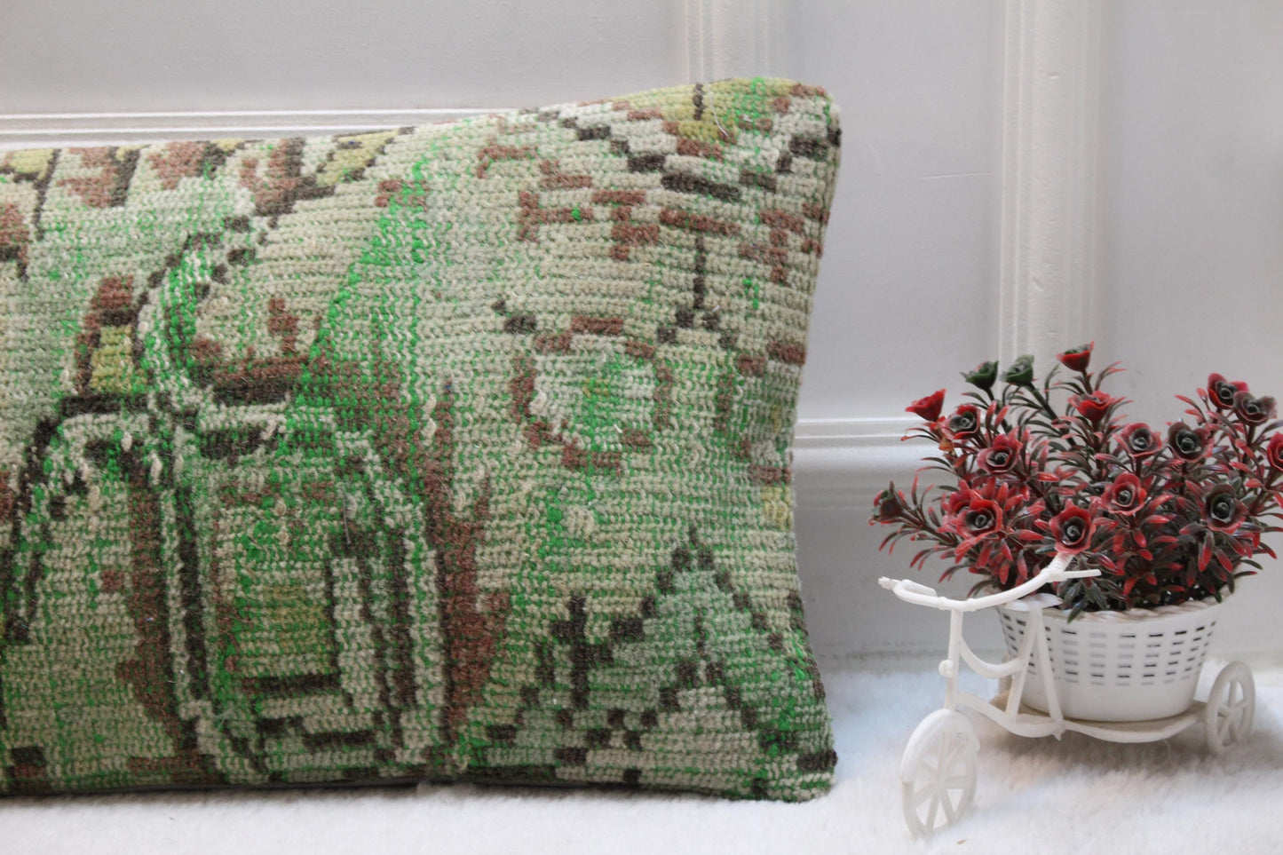 Handmade 12x36 Vintage Turkish Rug Lumbar Pillow Cover: Faded Green Boho Farmhouse Cushion