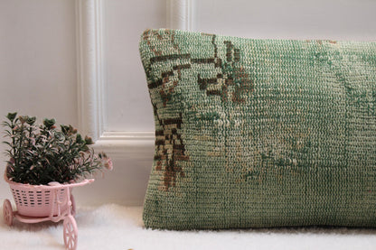 Handmade Turkish Rug Lumbar Pillow Cover: Faded Green Boho Farmhouse Cushion (12x36)