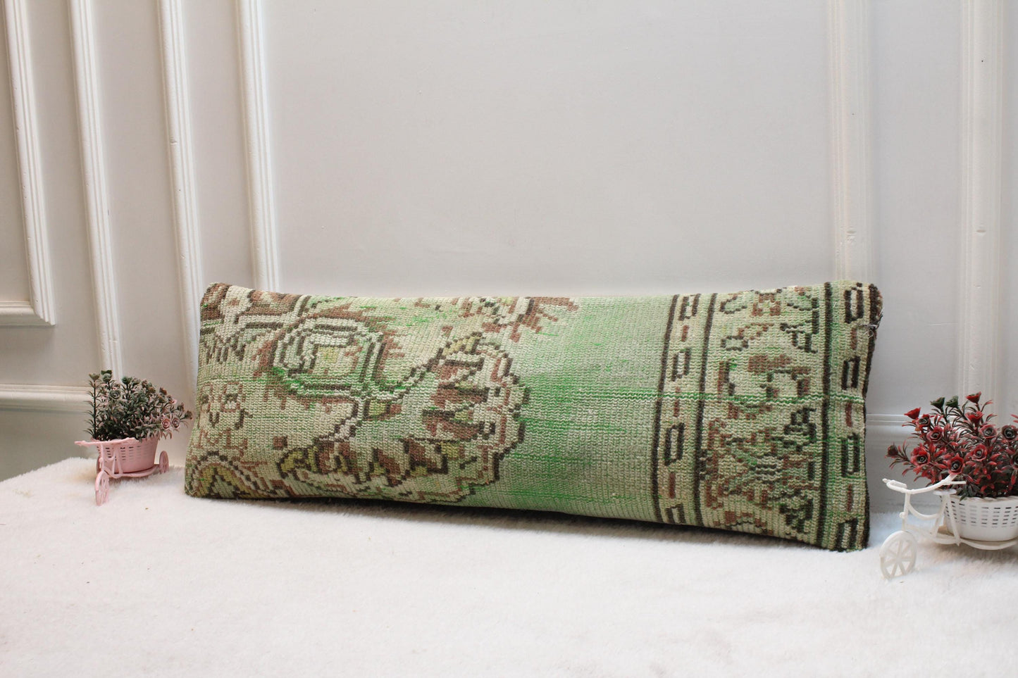 Green Turkish Rug Lumbar Pillow Cover: Rustic Boho Cushion (12x36)