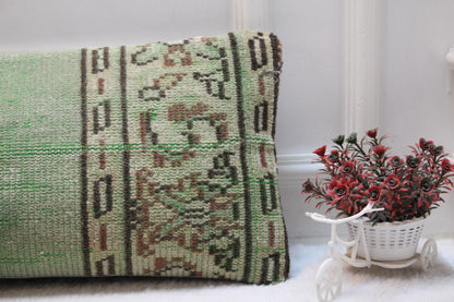 Green Turkish Rug Lumbar Pillow Cover: Rustic Boho Cushion (12x36)