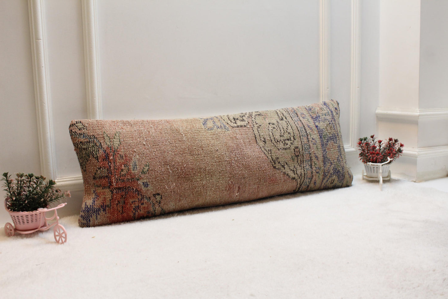 Vintage Turkish Rug Lumbar Pillow 12x36: Terracotta Beige Boho Cushion