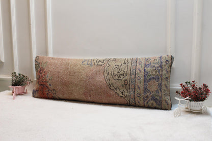 Vintage Turkish Rug Lumbar Pillow 12x36: Terracotta Beige Boho Cushion