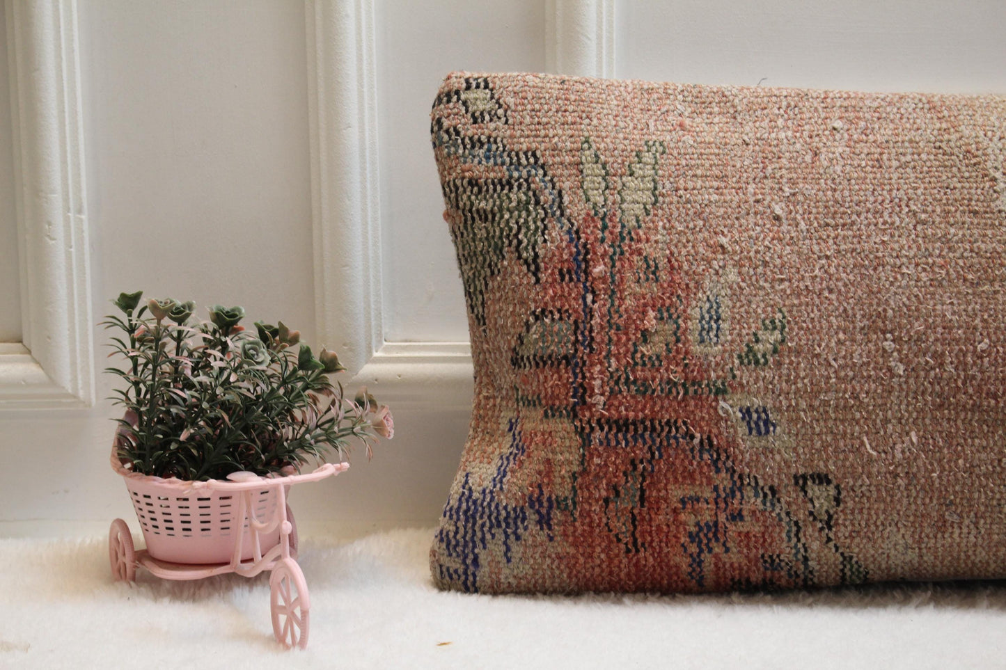 Vintage Turkish Rug Lumbar Pillow 12x36: Terracotta Beige Boho Cushion
