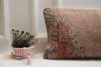 Vintage Turkish Rug Lumbar Pillow 12x36: Terracotta Beige Boho Cushion