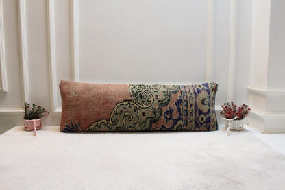 Vintage Turkish Rug Lumbar Pillow Cover: Pink, Green & Navy Floral, 12x36
