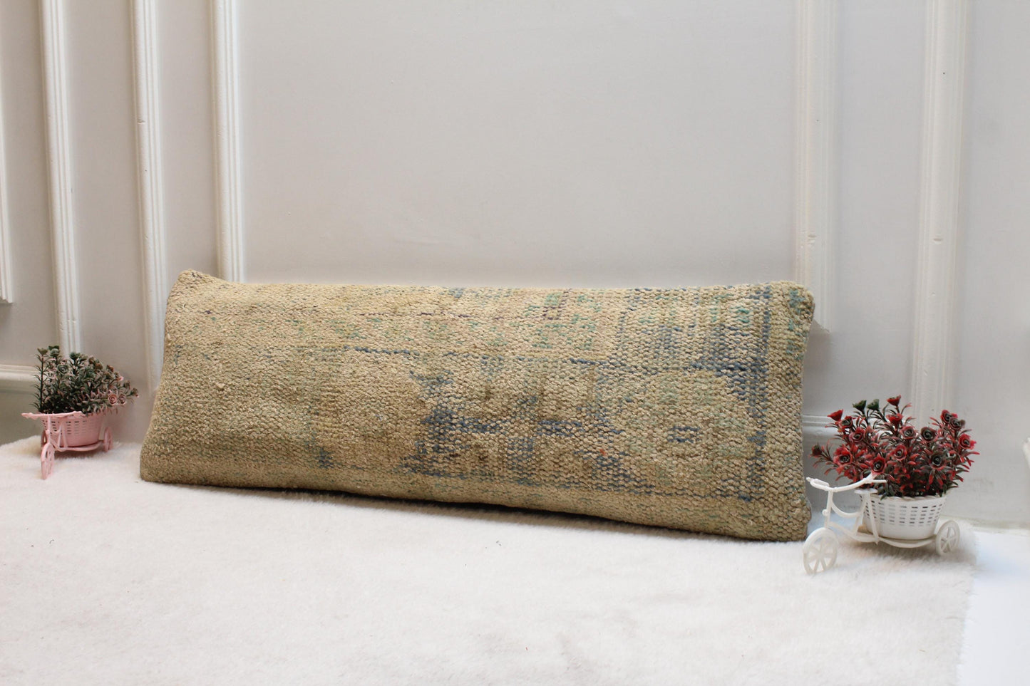 Vintage Turkish Rug Lumbar Pillow Cover (12x36): Beige & Faded Blue Boho Cushion