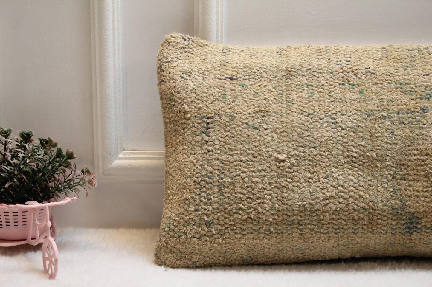 Vintage Turkish Rug Lumbar Pillow Cover (12x36): Beige & Faded Blue Boho Cushion
