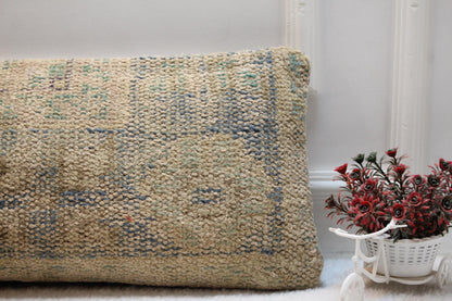 Vintage Turkish Rug Lumbar Pillow Cover (12x36): Beige & Faded Blue Boho Cushion