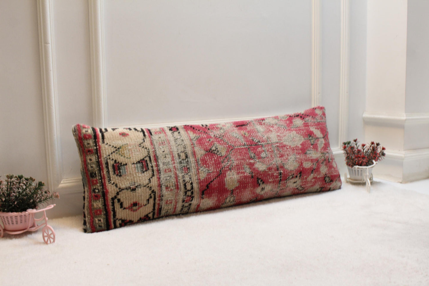 Vintage Turkish Rug Lumbar Pillow: Red Boho Cushion (12x36 inch)